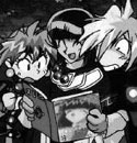 Xelloss uses his book to show Lina and Gourry the ropes.